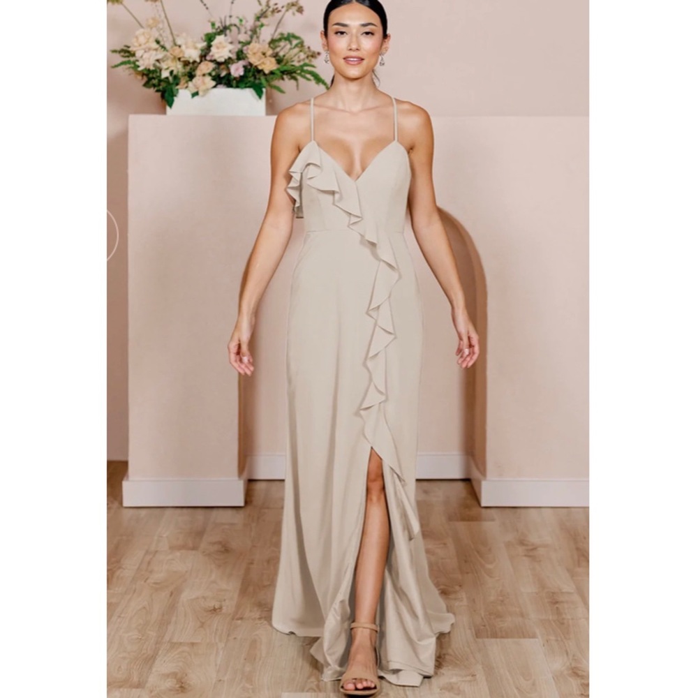 Revelry Paloma Chiffon Ruffle Front Maxi Dress in Champagne